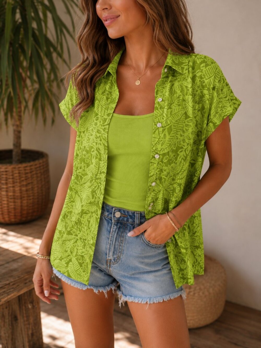 Dressbarn 2 Piece Green Top Set Blouse + Cami | Large | Leaf Print | WA-1578 - Picture 2 of 16